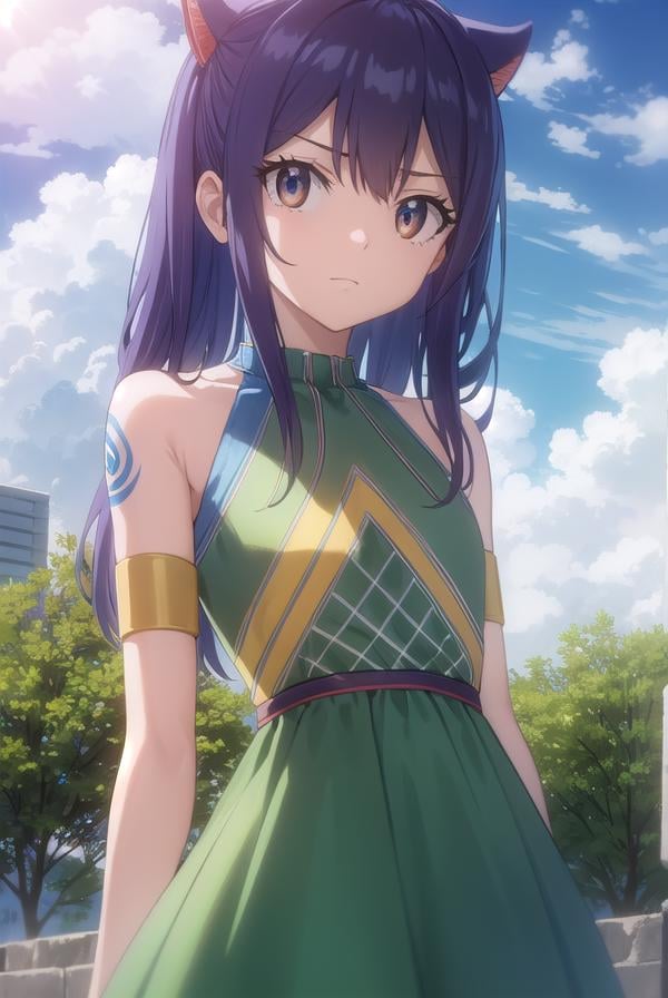 wendymarvell, <lora:wendy marvell s7-lora-nochekaiser:1>,wendy marvell, long hair, hair ornament, twintails, (brown eyes:1.2), blue hair, (flat chest:1.2),BREAK bare shoulders, tattoo, armlet, dress, green dress,BREAK outdoors, forest, nature, sun, sky, clouds,BREAK looking at viewer, (cowboy shot:1.5),BREAK <lyco:GoodHands-beta2:1>, (masterpiece:1.2), best quality, high resolution, unity 8k wallpaper, (illustration:0.8), (beautiful detailed eyes:1.6), extremely detailed face, perfect lighting, extremely detailed CG, (perfect hands, perfect anatomy),