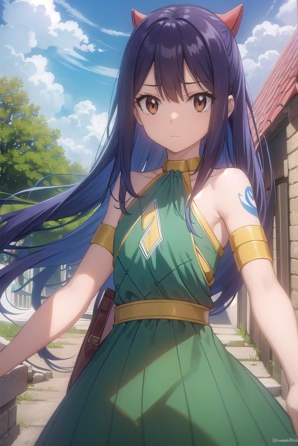 wendymarvell, <lora:wendy marvell s7-lora-nochekaiser:1>,wendy marvell, long hair, (brown eyes:1.35), blue hair, (flat chest:1.2),BREAK bare shoulders, tattoo, armlet, dress, green dress,BREAK outdoors, forest, nature, sun, sky, clouds,BREAK looking at viewer, (cowboy shot:1.5),BREAK <lyco:GoodHands-beta2:1>, (masterpiece:1.2), best quality, high resolution, unity 8k wallpaper, (illustration:0.8), (beautiful detailed eyes:1.6), extremely detailed face, perfect lighting, extremely detailed CG, (perfect hands, perfect anatomy),