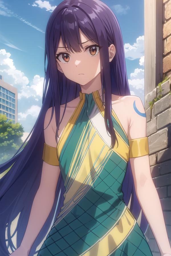 wendymarvell, <lora:wendy marvell s7-lora-nochekaiser:1>,wendy marvell, long hair, (brown eyes:1.35), blue hair, (flat chest:1.2),BREAK bare shoulders, tattoo, armlet, dress, green dress,BREAK outdoors, forest, nature, sun, sky, clouds,BREAK looking at viewer, (cowboy shot:1.5),BREAK <lyco:GoodHands-beta2:1>, (masterpiece:1.2), best quality, high resolution, unity 8k wallpaper, (illustration:0.8), (beautiful detailed eyes:1.6), extremely detailed face, perfect lighting, extremely detailed CG, (perfect hands, perfect anatomy),