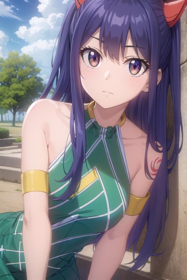 wendymarvell, <lora:wendy marvell s7-lora-nochekaiser:1>,wendy marvell, long hair, hair ornament, twintails, (brown eyes:1.2), blue hair, (flat chest:1.2),BREAK bare shoulders, tattoo, armlet, dress, green dress,BREAK outdoors, forest, nature, sun, sky, clouds,BREAK looking at viewer, (cowboy shot:1.5),BREAK <lyco:GoodHands-beta2:1>, (masterpiece:1.2), best quality, high resolution, unity 8k wallpaper, (illustration:0.8), (beautiful detailed eyes:1.6), extremely detailed face, perfect lighting, extremely detailed CG, (perfect hands, perfect anatomy),