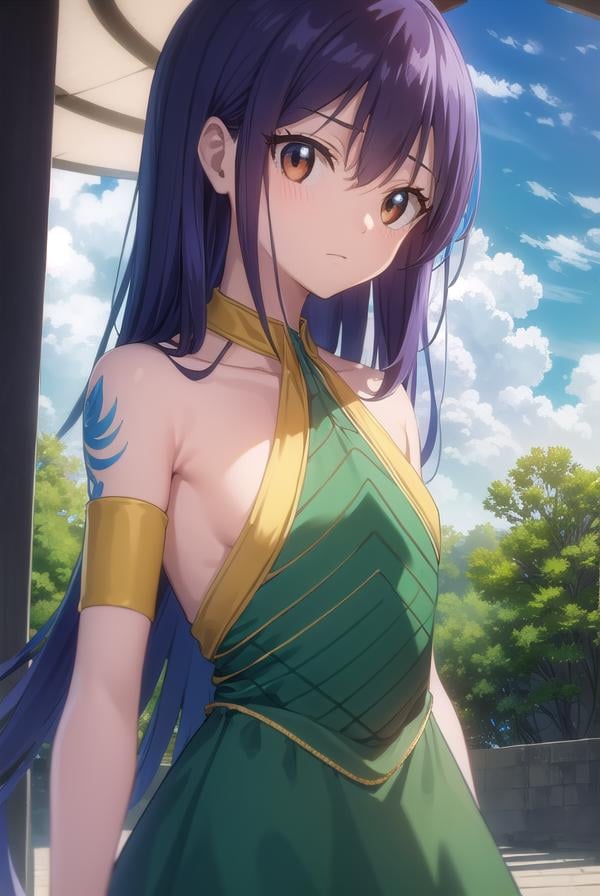 wendymarvell, <lora:wendy marvell s7-lora-nochekaiser:1>,wendy marvell, long hair, (brown eyes:1.35), blue hair, (flat chest:1.2),BREAK bare shoulders, tattoo, armlet, dress, green dress,BREAK outdoors, forest, nature, sun, sky, clouds,BREAK looking at viewer, (cowboy shot:1.5),BREAK <lyco:GoodHands-beta2:1>, (masterpiece:1.2), best quality, high resolution, unity 8k wallpaper, (illustration:0.8), (beautiful detailed eyes:1.6), extremely detailed face, perfect lighting, extremely detailed CG, (perfect hands, perfect anatomy),