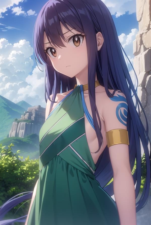 wendymarvell, <lora:wendy marvell s7-lora-nochekaiser:1>,wendy marvell, long hair, (brown eyes:1.35), blue hair, (flat chest:1.2),BREAK bare shoulders, tattoo, armlet, dress, green dress,BREAK outdoors, forest, nature, sun, sky, clouds,BREAK looking at viewer, (cowboy shot:1.5),BREAK <lyco:GoodHands-beta2:1>, (masterpiece:1.2), best quality, high resolution, unity 8k wallpaper, (illustration:0.8), (beautiful detailed eyes:1.6), extremely detailed face, perfect lighting, extremely detailed CG, (perfect hands, perfect anatomy),