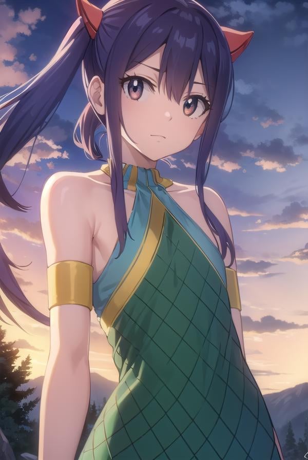 wendymarvell, <lora:wendy marvell s7-lora-nochekaiser:1>,wendy marvell, long hair, hair ornament, twintails, (brown eyes:1.2), blue hair, (flat chest:1.2),BREAK bare shoulders, tattoo, armlet, dress, green dress,BREAK outdoors, forest, nature, sun, sky, clouds,BREAK looking at viewer, (cowboy shot:1.5),BREAK <lyco:GoodHands-beta2:1>, (masterpiece:1.2), best quality, high resolution, unity 8k wallpaper, (illustration:0.8), (beautiful detailed eyes:1.6), extremely detailed face, perfect lighting, extremely detailed CG, (perfect hands, perfect anatomy),