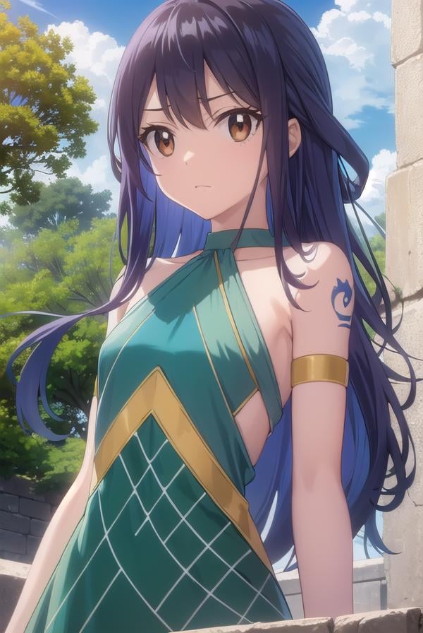 wendymarvell, <lora:wendy marvell s7-lora-nochekaiser:1>,wendy marvell, long hair, (brown eyes:1.35), blue hair, (flat chest:1.2),BREAK bare shoulders, tattoo, armlet, dress, green dress,BREAK outdoors, forest, nature, sun, sky, clouds,BREAK looking at viewer, (cowboy shot:1.5),BREAK <lyco:GoodHands-beta2:1>, (masterpiece:1.2), best quality, high resolution, unity 8k wallpaper, (illustration:0.8), (beautiful detailed eyes:1.6), extremely detailed face, perfect lighting, extremely detailed CG, (perfect hands, perfect anatomy),