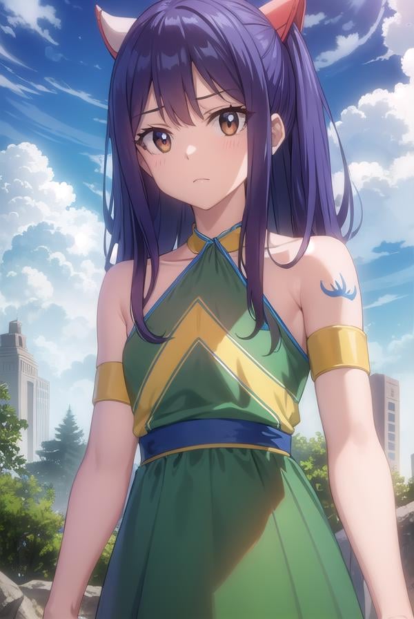 wendymarvell, <lora:wendy marvell s7-lora-nochekaiser:1>,wendy marvell, long hair, hair ornament, twintails, (brown eyes:1.2), blue hair, (flat chest:1.2),BREAK bare shoulders, tattoo, armlet, dress, green dress,BREAK outdoors, forest, nature, sun, sky, clouds,BREAK looking at viewer, (cowboy shot:1.5),BREAK <lyco:GoodHands-beta2:1>, (masterpiece:1.2), best quality, high resolution, unity 8k wallpaper, (illustration:0.8), (beautiful detailed eyes:1.6), extremely detailed face, perfect lighting, extremely detailed CG, (perfect hands, perfect anatomy),