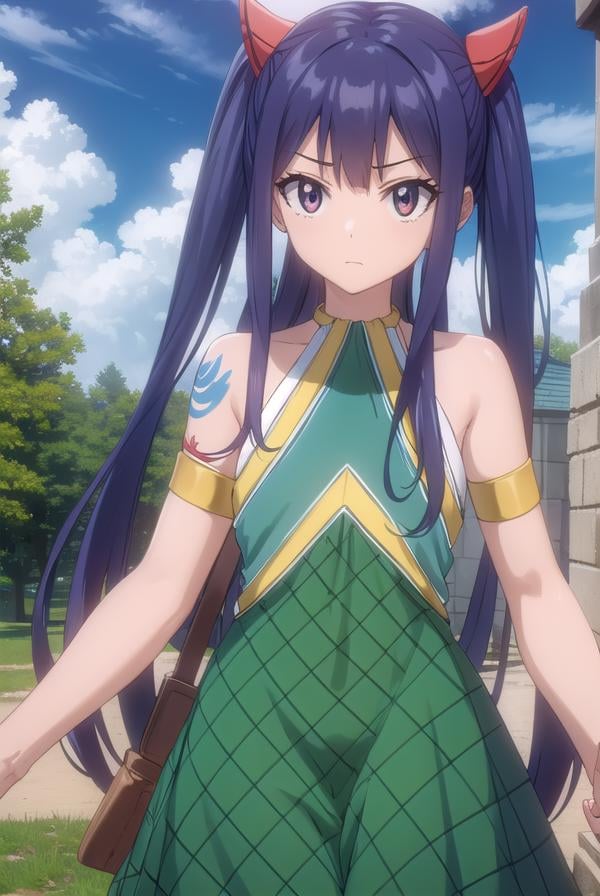 wendymarvell, <lora:wendy marvell s7-lora-nochekaiser:1>,wendy marvell, long hair, hair ornament, twintails, (brown eyes:1.2), blue hair, (flat chest:1.2),BREAK bare shoulders, tattoo, armlet, dress, green dress,BREAK outdoors, forest, nature, sun, sky, clouds,BREAK looking at viewer, (cowboy shot:1.5),BREAK <lyco:GoodHands-beta2:1>, (masterpiece:1.2), best quality, high resolution, unity 8k wallpaper, (illustration:0.8), (beautiful detailed eyes:1.6), extremely detailed face, perfect lighting, extremely detailed CG, (perfect hands, perfect anatomy),