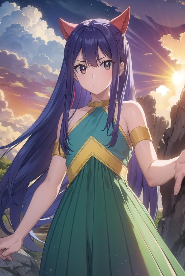 wendymarvell, <lora:wendy marvell s7-lora-nochekaiser:1>,wendy marvell, long hair, hair ornament, twintails, (brown eyes:1.2), blue hair, (flat chest:1.2),BREAK bare shoulders, tattoo, armlet, dress, green dress,BREAK outdoors, forest, nature, sun, sky, clouds,BREAK looking at viewer, (cowboy shot:1.5),BREAK <lyco:GoodHands-beta2:1>, (masterpiece:1.2), best quality, high resolution, unity 8k wallpaper, (illustration:0.8), (beautiful detailed eyes:1.6), extremely detailed face, perfect lighting, extremely detailed CG, (perfect hands, perfect anatomy),