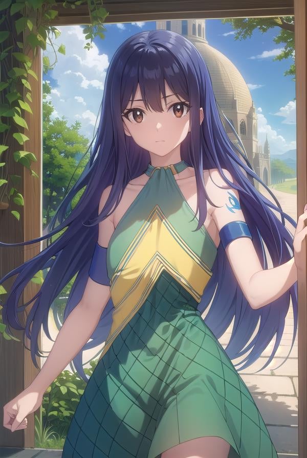 wendymarvell, <lora:wendy marvell s7-lora-nochekaiser:1>,wendy marvell, long hair, (brown eyes:1.35), blue hair, (flat chest:1.2),BREAK bare shoulders, tattoo, armlet, dress, green dress,BREAK outdoors, forest, nature, sun, sky, clouds,BREAK looking at viewer, (cowboy shot:1.5),BREAK <lyco:GoodHands-beta2:1>, (masterpiece:1.2), best quality, high resolution, unity 8k wallpaper, (illustration:0.8), (beautiful detailed eyes:1.6), extremely detailed face, perfect lighting, extremely detailed CG, (perfect hands, perfect anatomy),