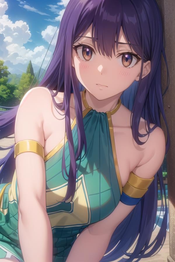 wendymarvell, <lora:wendy marvell s7-lora-nochekaiser:1>,wendy marvell, long hair, (brown eyes:1.35), blue hair, (flat chest:1.2),BREAK bare shoulders, tattoo, armlet, dress, green dress,BREAK outdoors, forest, nature, sun, sky, clouds,BREAK looking at viewer, (cowboy shot:1.5),BREAK <lyco:GoodHands-beta2:1>, (masterpiece:1.2), best quality, high resolution, unity 8k wallpaper, (illustration:0.8), (beautiful detailed eyes:1.6), extremely detailed face, perfect lighting, extremely detailed CG, (perfect hands, perfect anatomy),