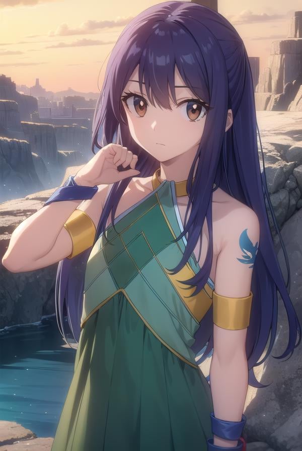 wendymarvell, <lora:wendy marvell s7-lora-nochekaiser:1>,wendy marvell, long hair, (brown eyes:1.35), blue hair, (flat chest:1.2),BREAK bare shoulders, tattoo, armlet, dress, green dress,BREAK outdoors, forest, nature, sun, sky, clouds,BREAK looking at viewer, (cowboy shot:1.5),BREAK <lyco:GoodHands-beta2:1>, (masterpiece:1.2), best quality, high resolution, unity 8k wallpaper, (illustration:0.8), (beautiful detailed eyes:1.6), extremely detailed face, perfect lighting, extremely detailed CG, (perfect hands, perfect anatomy),