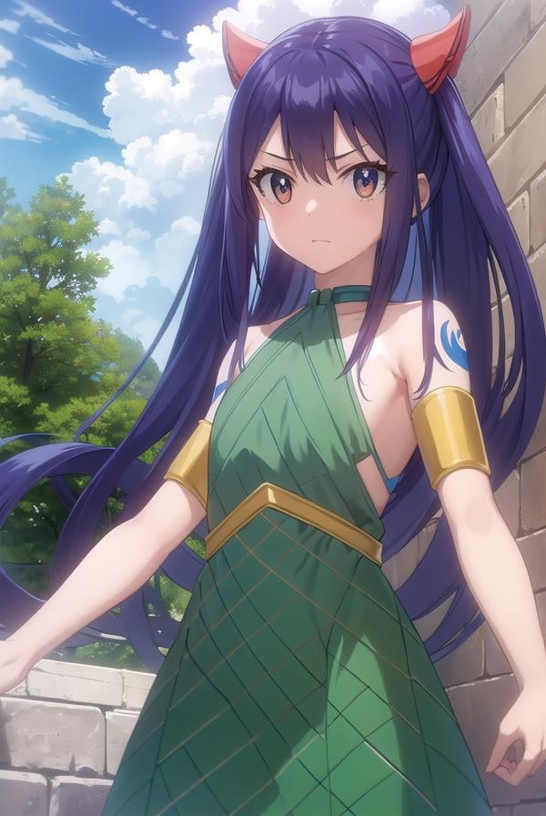 wendymarvell, <lora:wendy marvell s7-lora-nochekaiser:1>,wendy marvell, long hair, hair ornament, twintails, (brown eyes:1.2), blue hair, (flat chest:1.2),BREAK bare shoulders, tattoo, armlet, dress, green dress,BREAK outdoors, forest, nature, sun, sky, clouds,BREAK looking at viewer, (cowboy shot:1.5),BREAK <lyco:GoodHands-beta2:1>, (masterpiece:1.2), best quality, high resolution, unity 8k wallpaper, (illustration:0.8), (beautiful detailed eyes:1.6), extremely detailed face, perfect lighting, extremely detailed CG, (perfect hands, perfect anatomy),