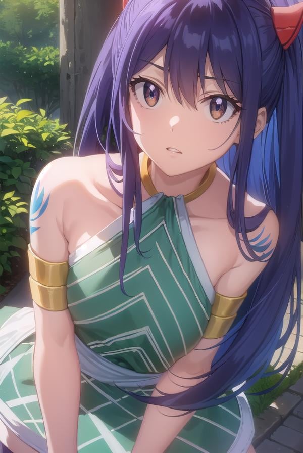 wendymarvell, <lora:wendy marvell s7-lora-nochekaiser:1>,wendy marvell, long hair, hair ornament, twintails, (brown eyes:1.2), blue hair, (flat chest:1.2),BREAK bare shoulders, tattoo, armlet, dress, green dress,BREAK outdoors, forest, nature, sun, sky, clouds,BREAK looking at viewer, (cowboy shot:1.5),BREAK <lyco:GoodHands-beta2:1>, (masterpiece:1.2), best quality, high resolution, unity 8k wallpaper, (illustration:0.8), (beautiful detailed eyes:1.6), extremely detailed face, perfect lighting, extremely detailed CG, (perfect hands, perfect anatomy),