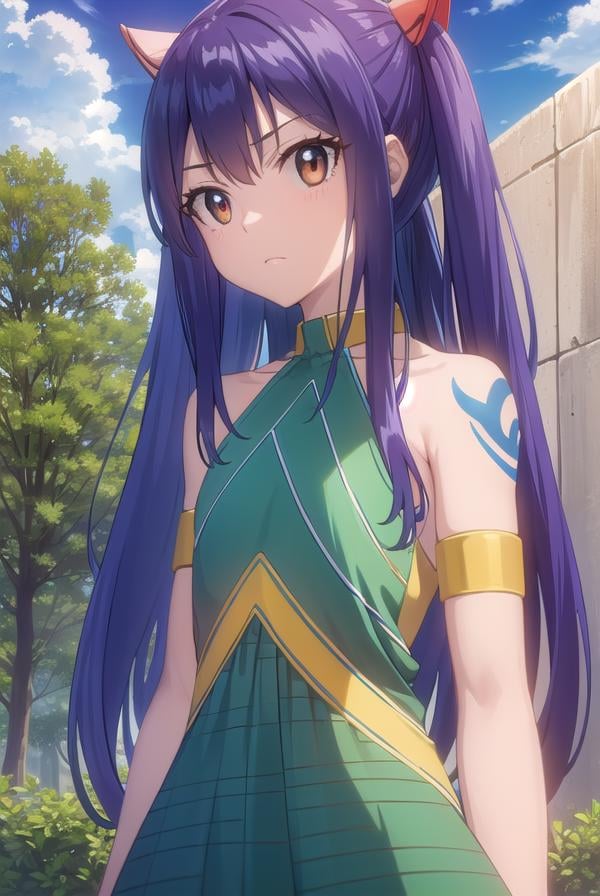 wendymarvell, <lora:wendy marvell s7-lora-nochekaiser:1>,wendy marvell, long hair, hair ornament, twintails, (brown eyes:1.2), blue hair, (flat chest:1.2),BREAK bare shoulders, tattoo, armlet, dress, green dress,BREAK outdoors, forest, nature, sun, sky, clouds,BREAK looking at viewer, (cowboy shot:1.5),BREAK <lyco:GoodHands-beta2:1>, (masterpiece:1.2), best quality, high resolution, unity 8k wallpaper, (illustration:0.8), (beautiful detailed eyes:1.6), extremely detailed face, perfect lighting, extremely detailed CG, (perfect hands, perfect anatomy),