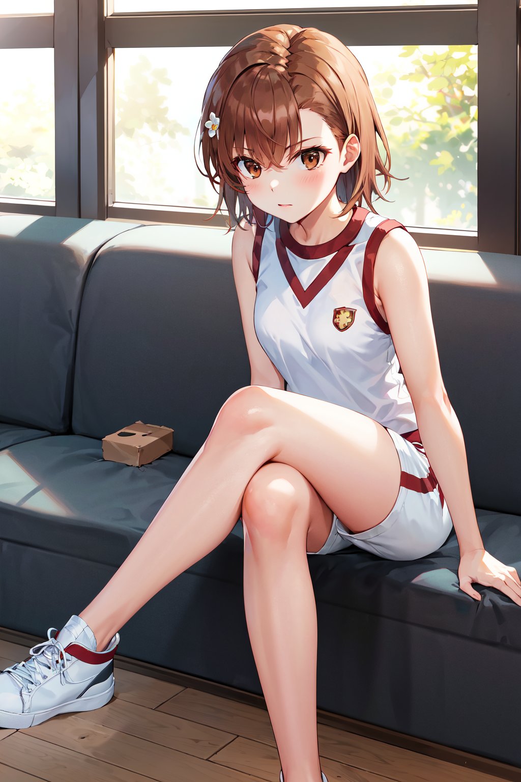 masterpiece, best quality, highres, aamikoto, short hair, hair flower, gym uniform, bare shoulders, sleeveless shirt, white shirt, short shorts, white shorts, <lora:misaka_mikoto_v1:0.7>, indoors, sofa, crossed legs,