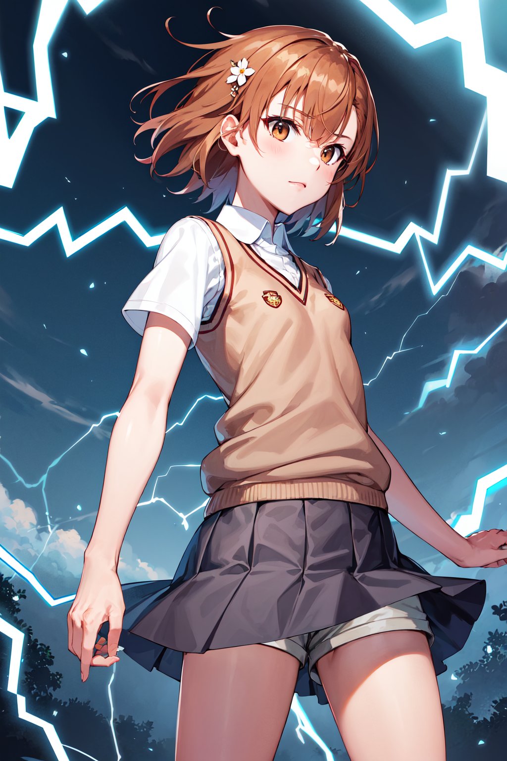 masterpiece, best quality, highres, aamikoto, short hair, hair flower, white shirt, sweater vest, short sleeves, grey skirt, shorts under skirt, <lora:misaka_mikoto_v1:0.7>, standing, cowboy shot, (electricity:1.3),