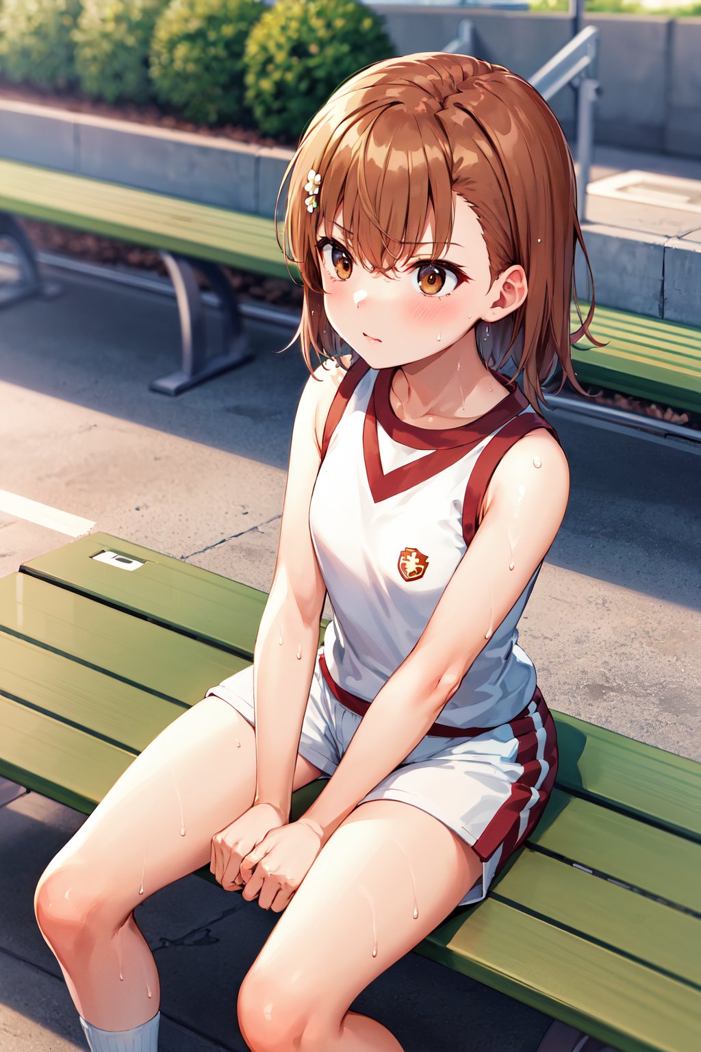 masterpiece, best quality, highres, aamikoto, short hair, hair flower, gym uniform, bare shoulders, sleeveless shirt, white shirt, short shorts, white shorts, <lora:misaka_mikoto_v1:0.7>, sitting, bench, (sweat:1.3)