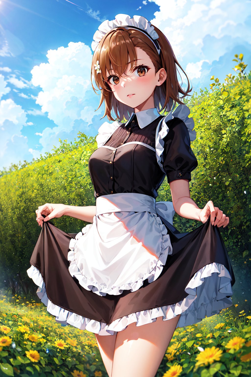 masterpiece, best quality, highres, aamikoto, short hair, hair flower, <lora:misaka_mikoto_v1:0.7>, maid, maid headdress, black dress, garden, standing, skirt hold,