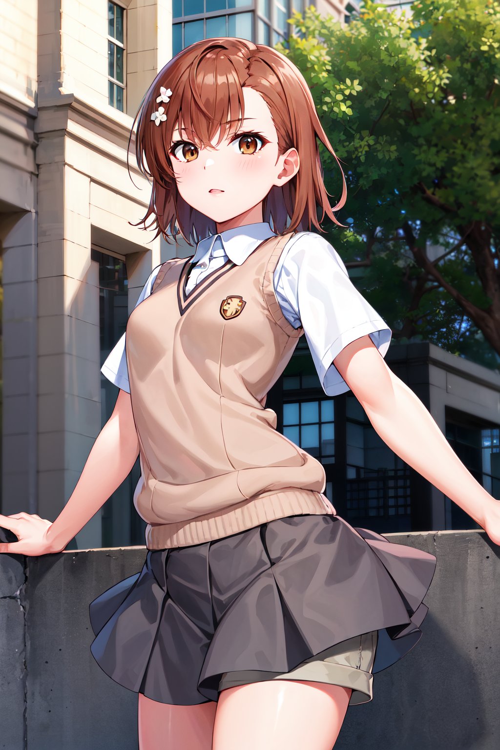 masterpiece, best quality, highres, aamikoto, short hair, hair flower, white shirt, sweater vest, short sleeves, grey skirt, shorts under skirt, <lora:misaka_mikoto_v1:0.7>, standing, cowboy shot, outdoors