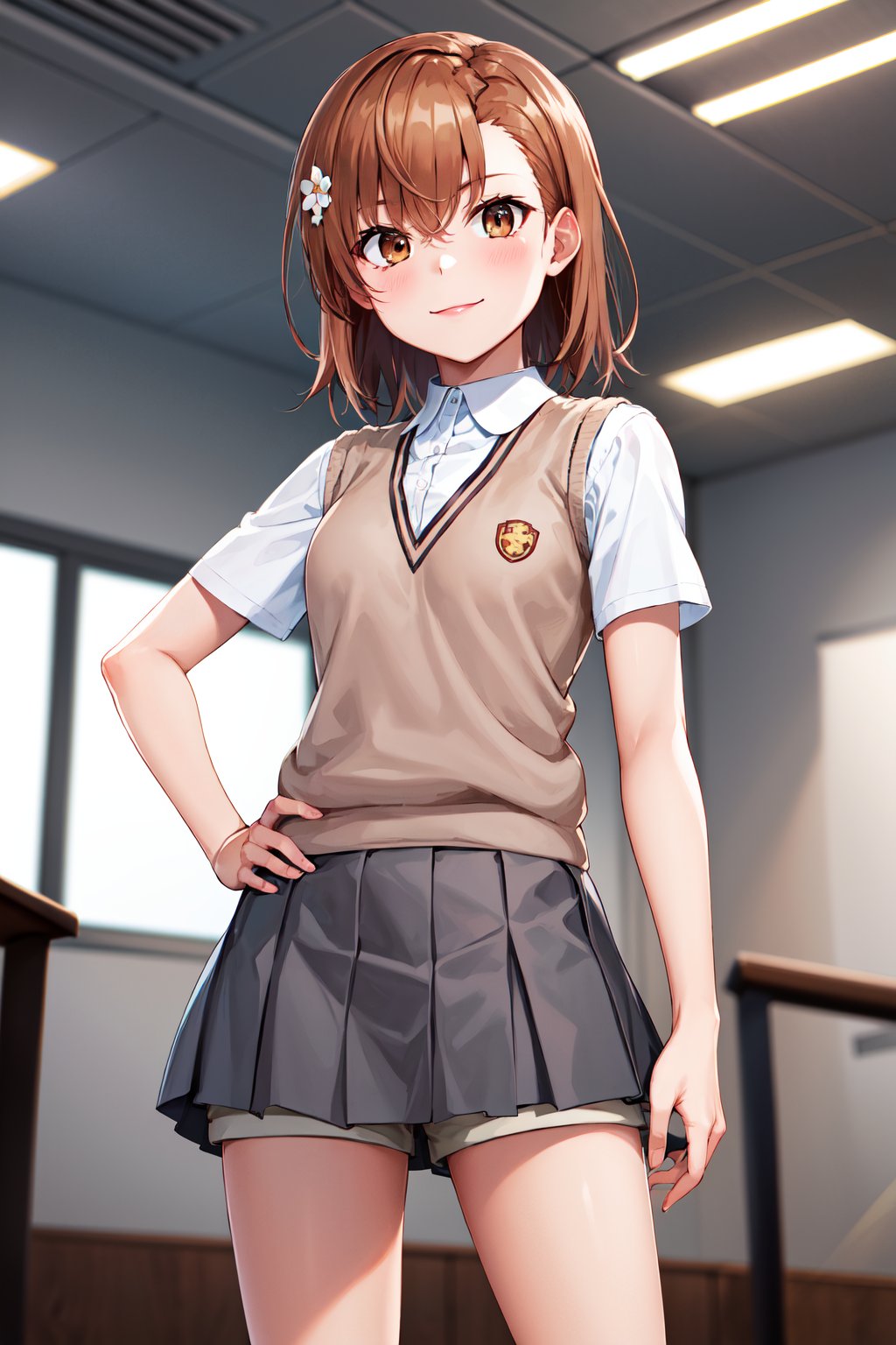 masterpiece, best quality, highres, aamikoto, short hair, hair flower, white shirt, sweater vest, short sleeves, grey skirt, shorts under skirt, <lora:misaka_mikoto_v1:0.7>, standing, hand on hip, smile, indoors