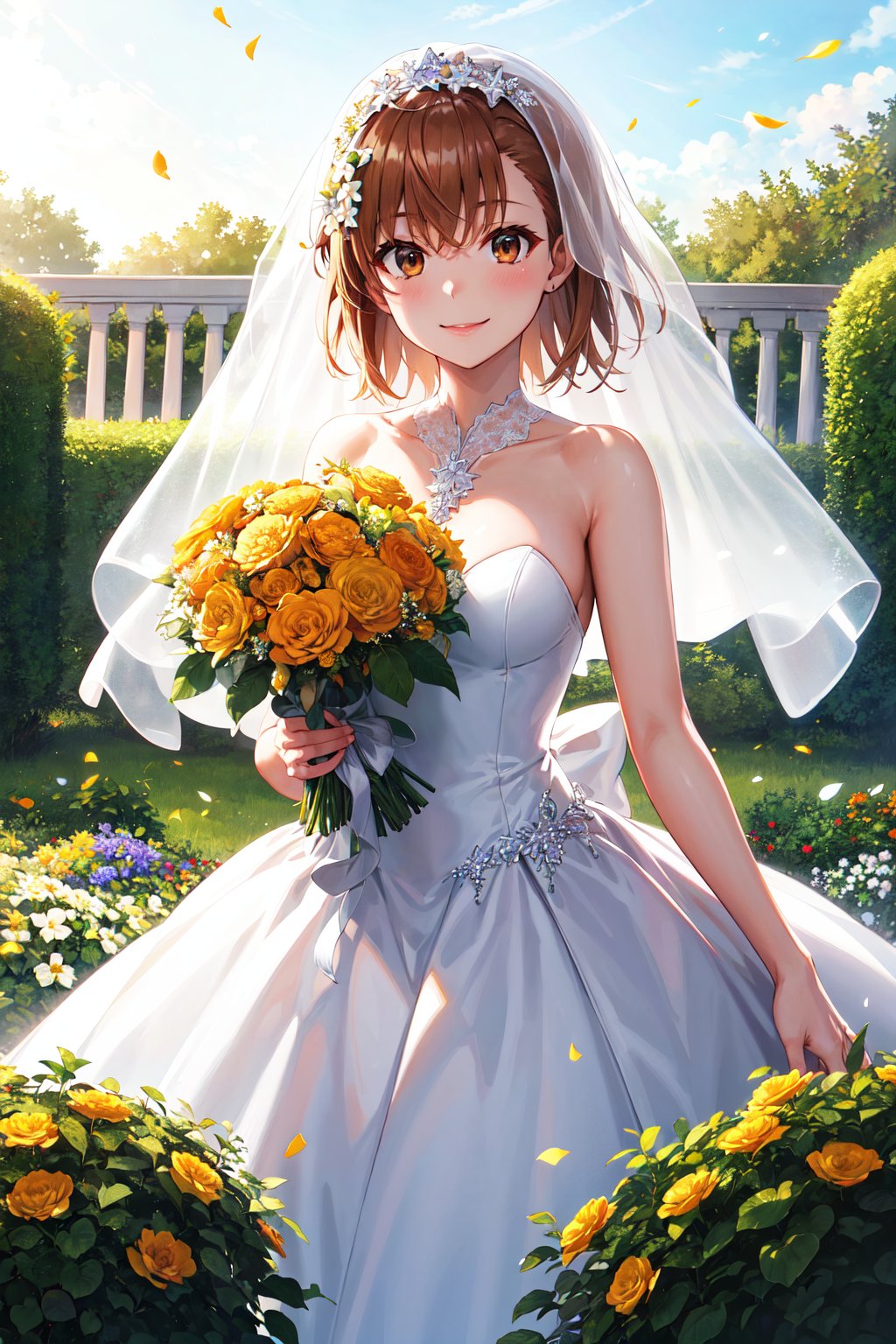 masterpiece, best quality, highres, aamikoto, short hair, hair flower, <lora:misaka_mikoto_v1:0.7>, wedding dress, veil, holding bouquet, smile, garden, confetti, cowboy shot, 