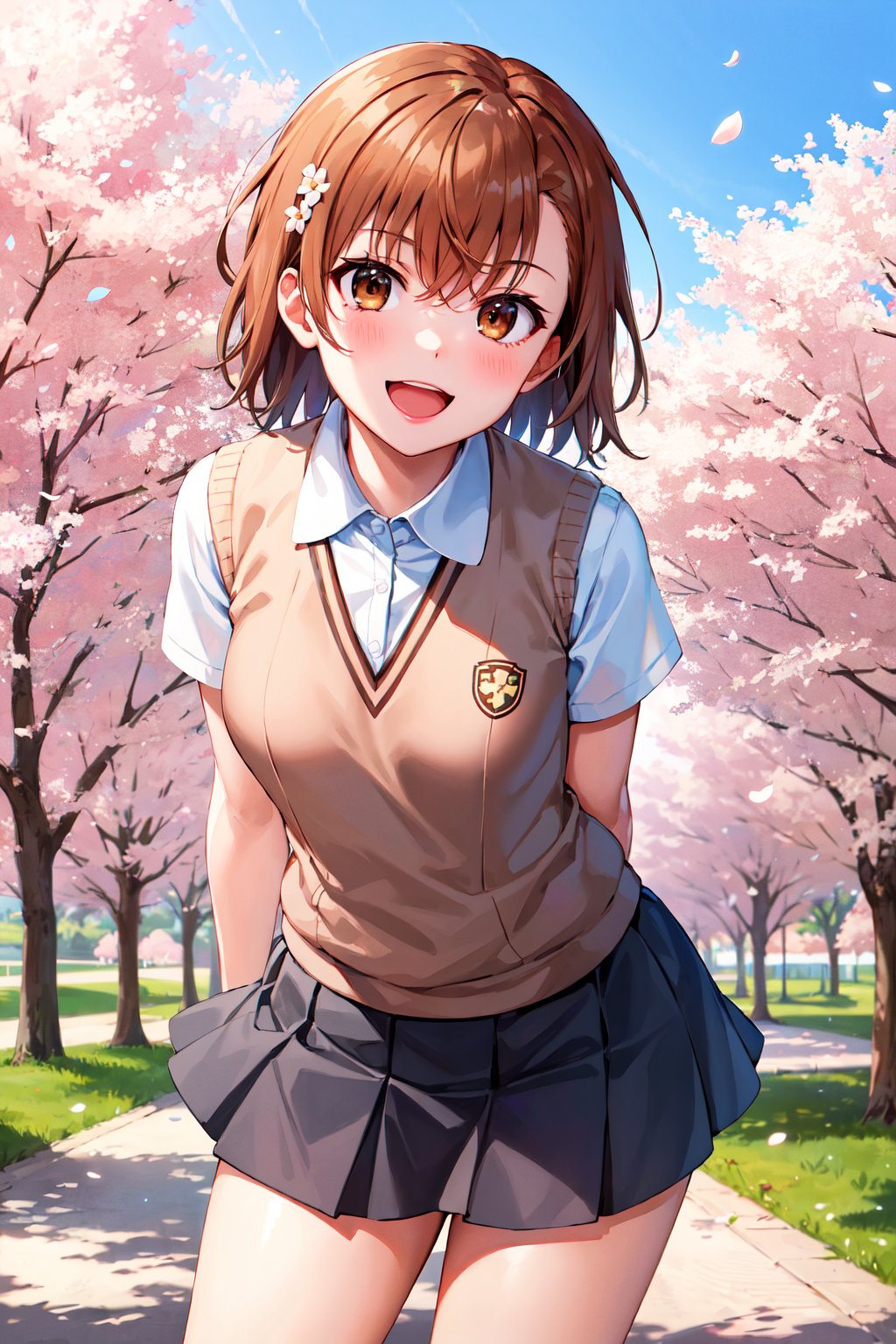 masterpiece, best quality, highres, aamikoto, short hair, hair flower, white shirt, sweater vest, short sleeves, grey skirt, shorts under skirt, <lora:misaka_mikoto_v1:0.7>, arm behind back, smile, open mouth, leaning forward, standing, cherry blossoms, outdoors