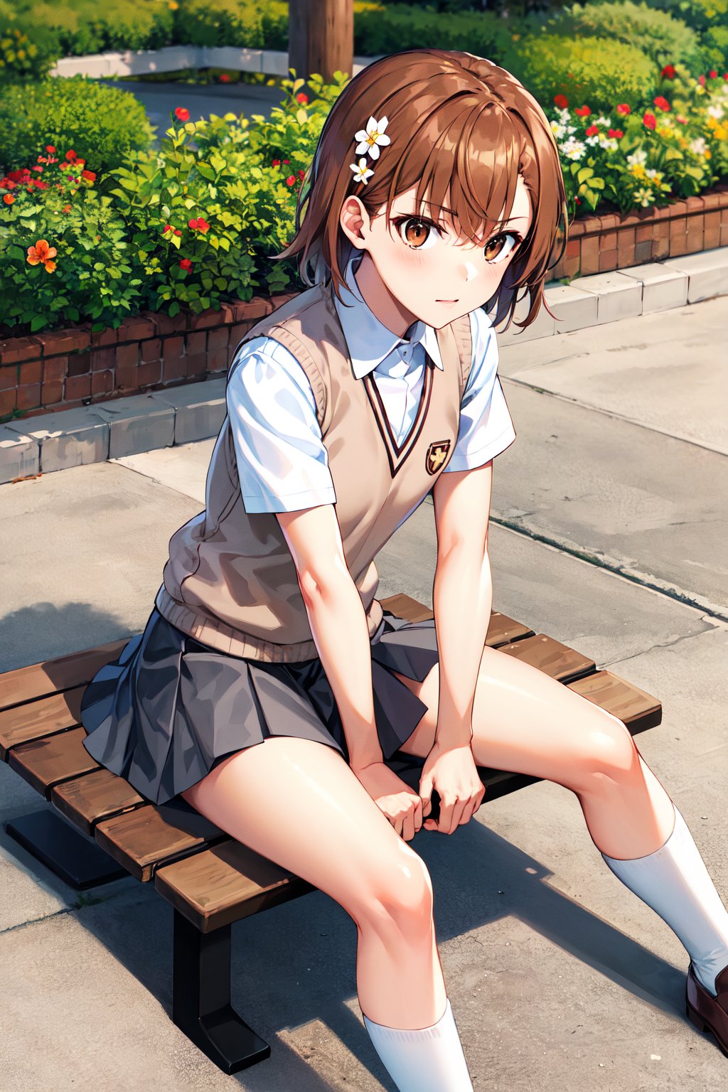 masterpiece, best quality, highres, aamikoto, short hair, hair flower, white shirt, sweater vest, short sleeves, grey skirt, shorts under skirt, <lora:misaka_mikoto_v1:0.7>, sitting, bench, outdoors