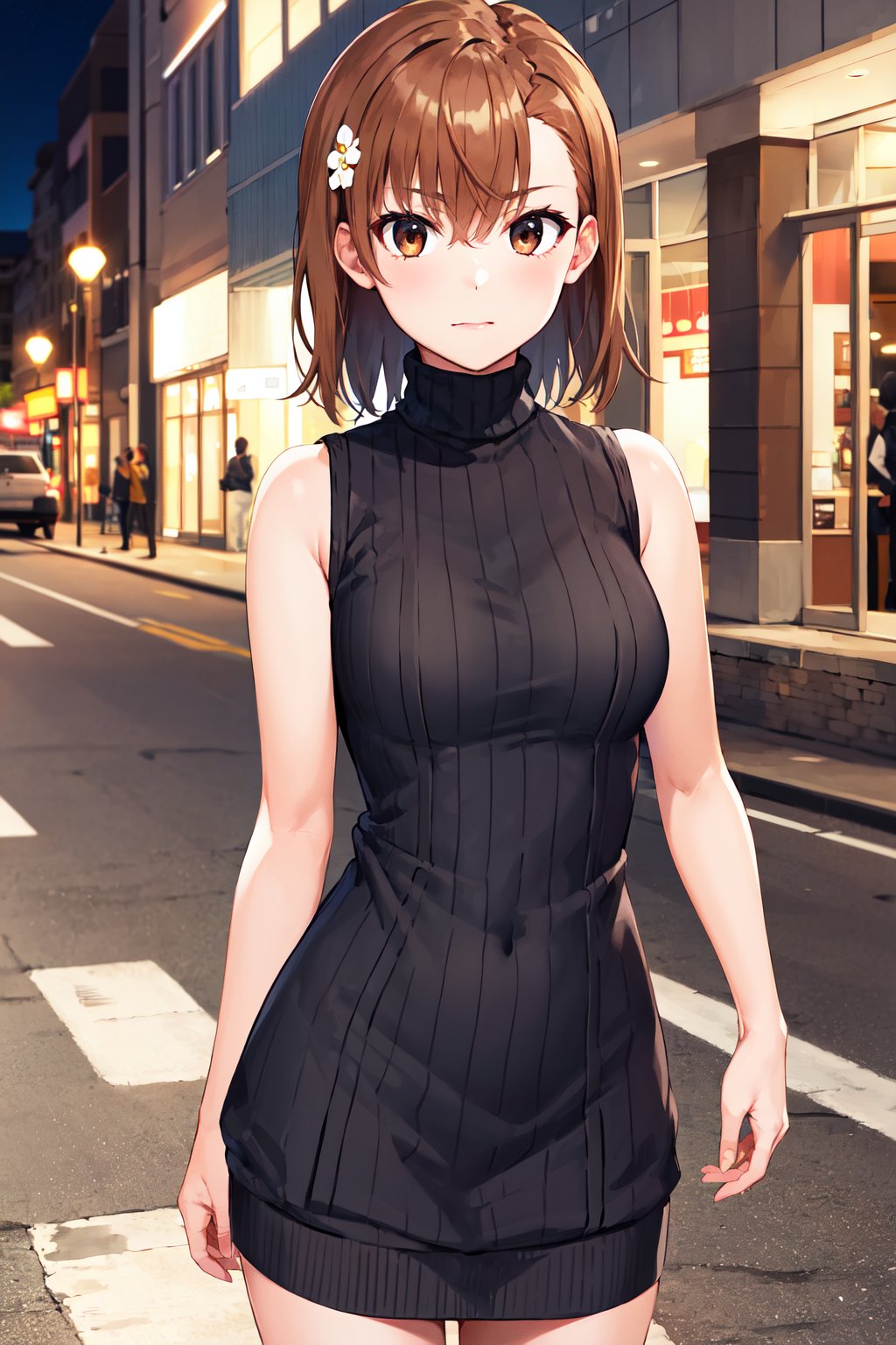 masterpiece, best quality, highres, aamikoto, short hair, hair flower, <lora:misaka_mikoto_v1:0.7>, standing, sweater dress, turtleneck, sleeveless, night, street, standing, 