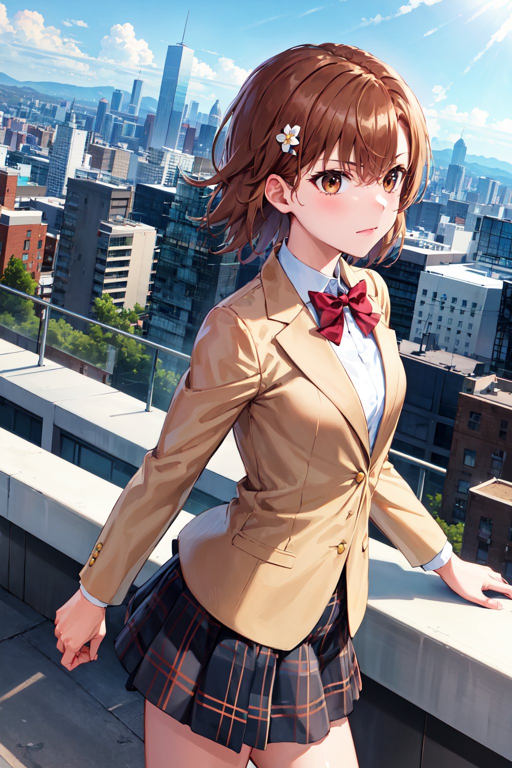 masterpiece, best quality, highres, aamikoto, short hair, hair flower, red bowtie, blazer, brown jacket, long sleeves, plaid skirt, <lora:misaka_mikoto_v1:0.7>, from_side, rooftop, city, standing, blue sky, 