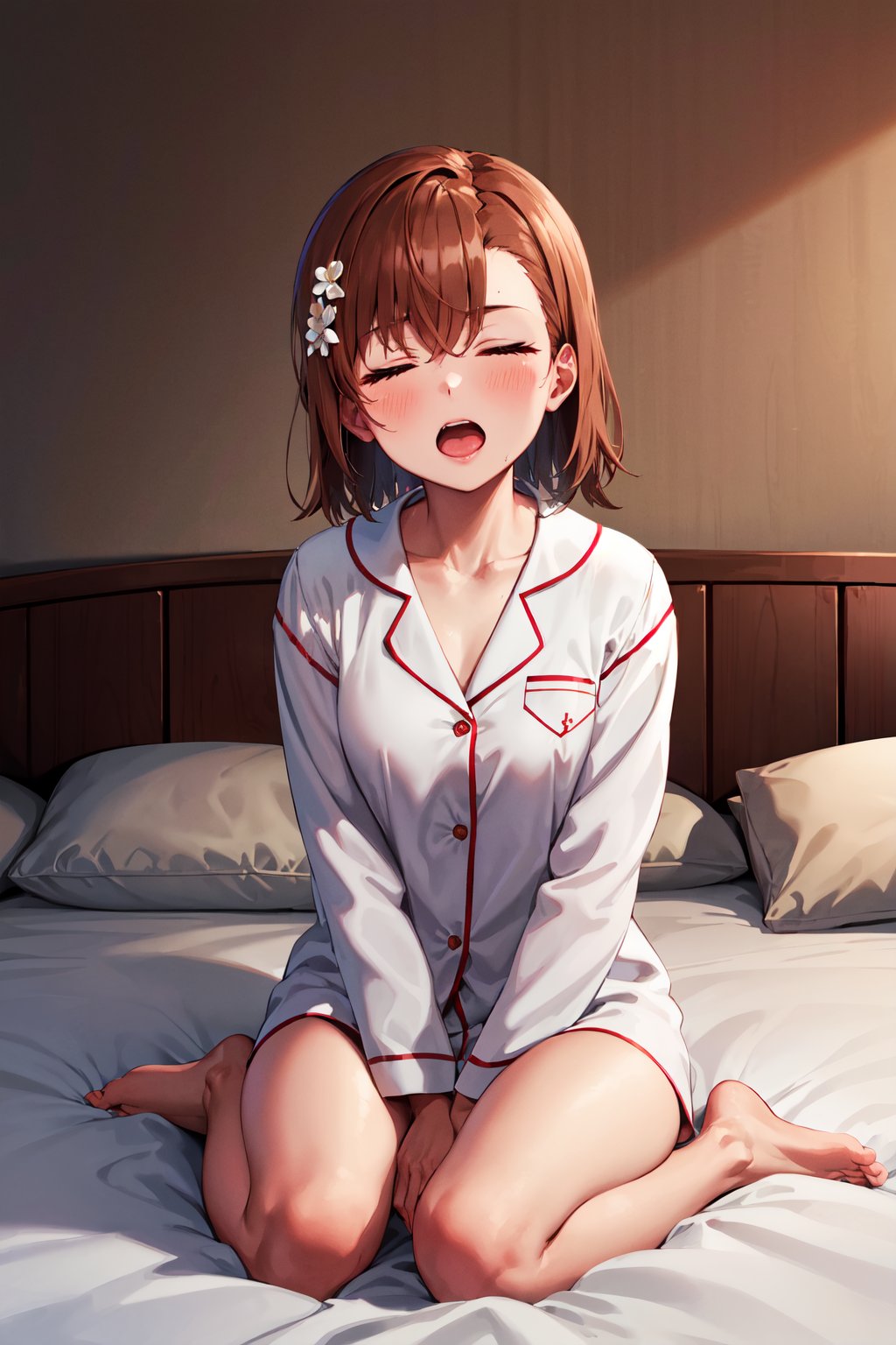 masterpiece, best quality, highres, aamikoto, short hair, hair flower, <lora:misaka_mikoto_v1:0.7>, bed, sitting, closed eyes, open mouth, wavy mouth, pajama,