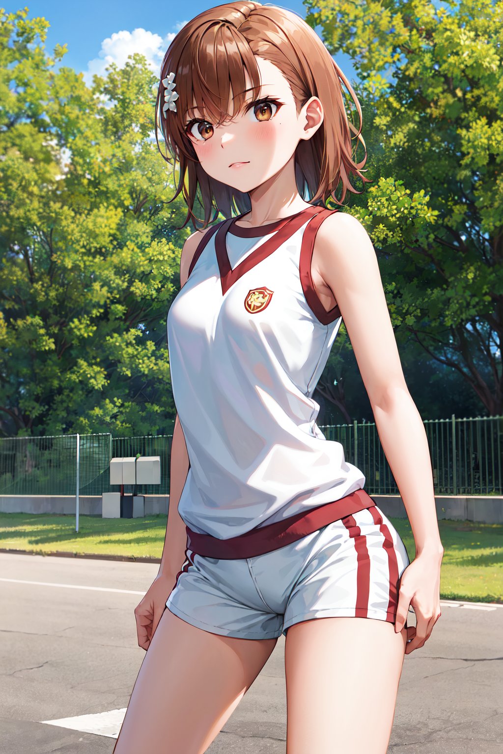 masterpiece, best quality, highres, aamikoto, short hair, hair flower, gym uniform, bare shoulders, sleeveless shirt, white shirt, short shorts, white shorts, <lora:misaka_mikoto_v1:0.7>, standing, cowboy shot, outdoors