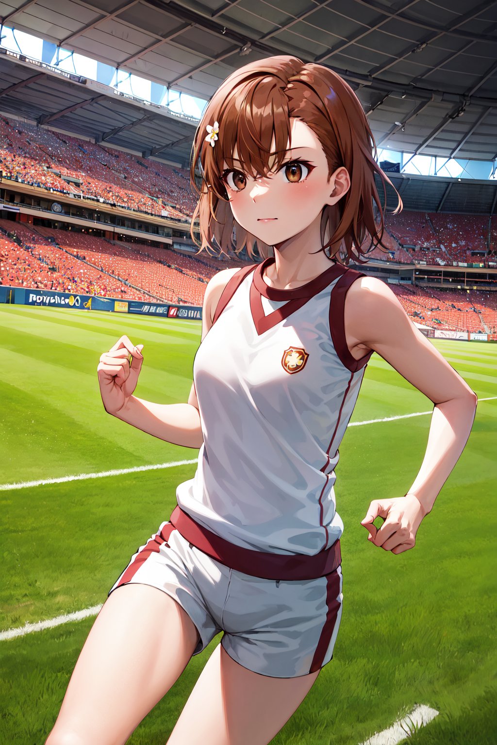 masterpiece, best quality, highres, aamikoto, short hair, hair flower, gym uniform, bare shoulders, sleeveless shirt, white shirt, short shorts, white shorts, <lora:misaka_mikoto_v1:0.7>, stadium, grass, running, 