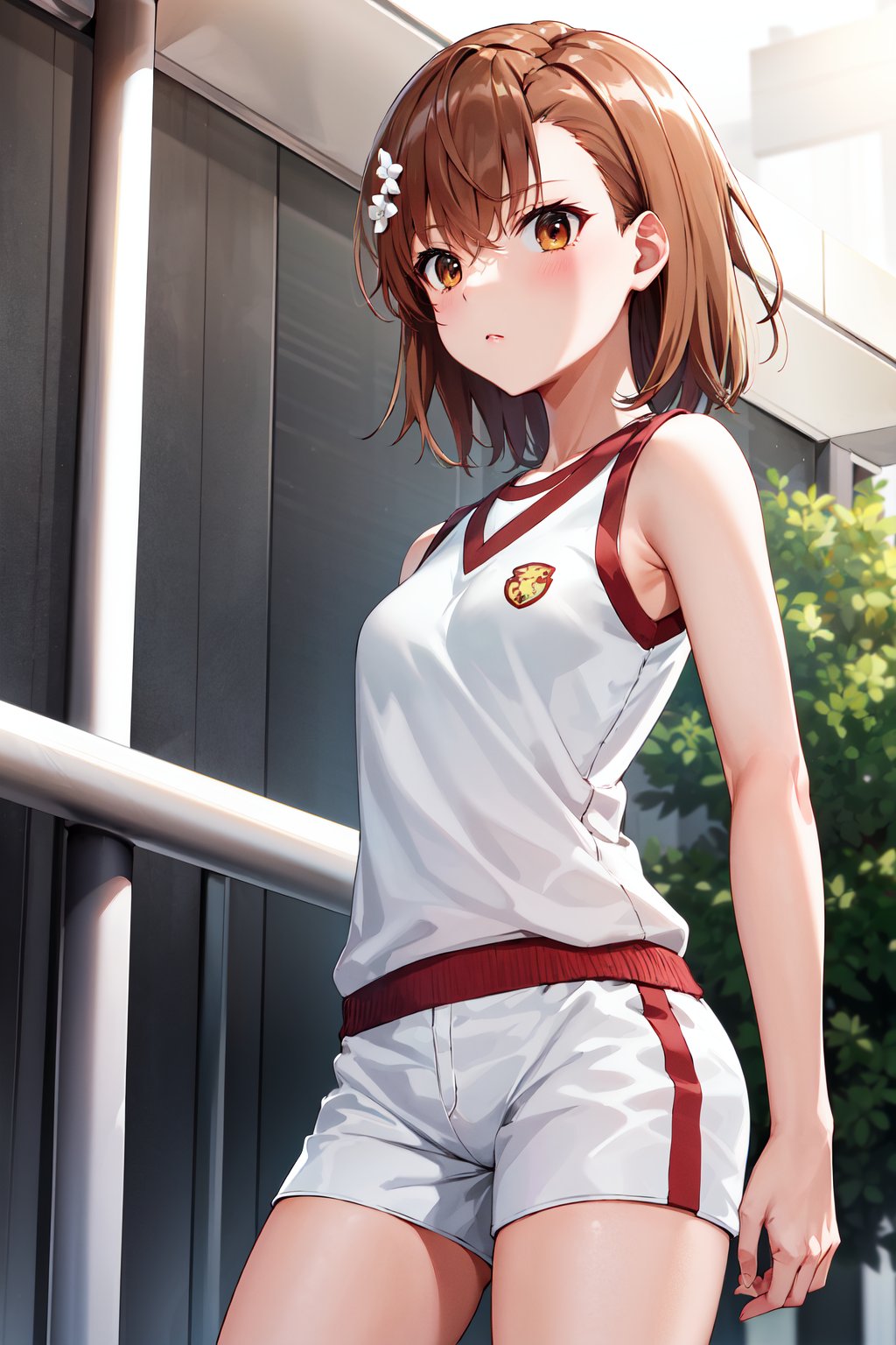 masterpiece, best quality, highres, aamikoto, short hair, hair flower, gym uniform, bare shoulders, sleeveless shirt, white shirt, short shorts, white shorts, <lora:misaka_mikoto_v1:0.7>, standing, cowboy shot, outdoors