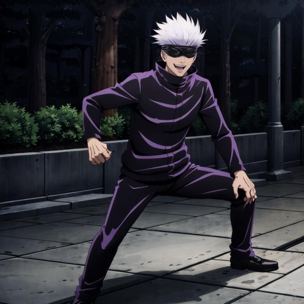 masterpiece,highres,high quality,extremely detailed,solo,outdoors,<lora:SatoruGojo001:0.7>,smile,open mouth,SatoruGojo,1man,(blindfold:1.4),white hair,spiked hair,black jacket,popped collar,pants,loafers,fighting_stance,