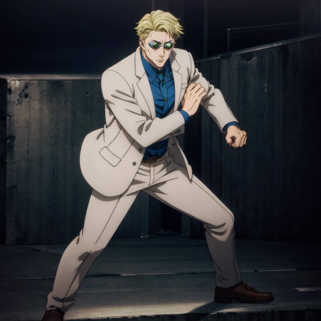 masterpiece,highres,high quality,extremely detailed,solo,<lora:KentoNanami001:0.7>,goggles,tinted eyewear,KentoNanami,1man,serious,jacket,formal,suit,collared shirt,blue shirt,full body,fighting_stance,