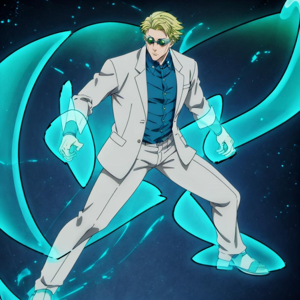 masterpiece,highres,high quality,extremely detailed,solo,<lora:KentoNanami001:0.7>,goggles,tinted eyewear,KentoNanami,1man,serious,jacket,formal,suit,collared shirt,blue shirt,full body,fighting_stance,(aura:1.5),