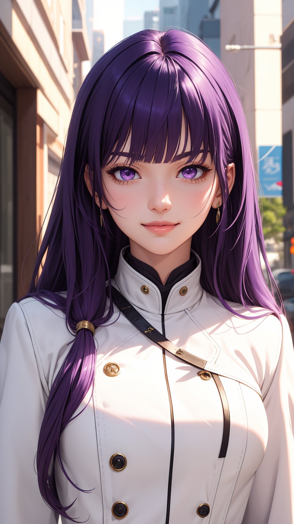 (masterpiece, best quality), intricate details, thin, ((slim)), beautiful girl, purple hair, blunt bangs, light purple eyes, sharp jawline, white coat, long hair, lips, upper body, close up, smirk