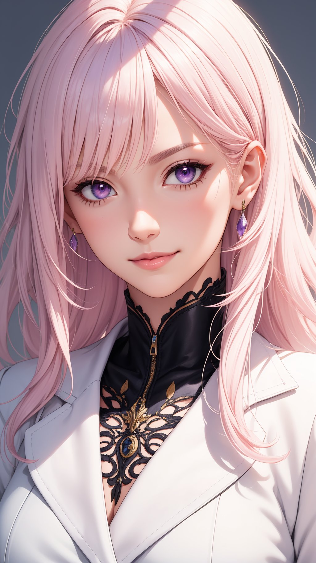 (masterpiece, best quality), intricate details, thin, ((slim)), beautiful girl, mature female, Light pink hair, white skin, light purple eyes, sharp jawline, cropped jacket, messy hair, lips, upper body, close up, smirk