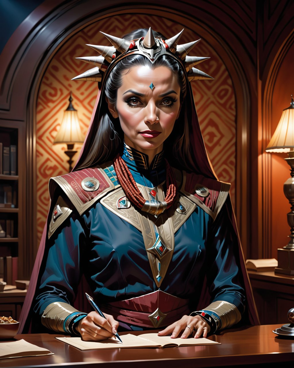 (by Ed Brubaker:1.1) , concept art, Nautical Female Cardassian, the Cardassian is Charming, studying in a room, at Blue hour, Cozy, Bimbocore,  traditional, headdress

