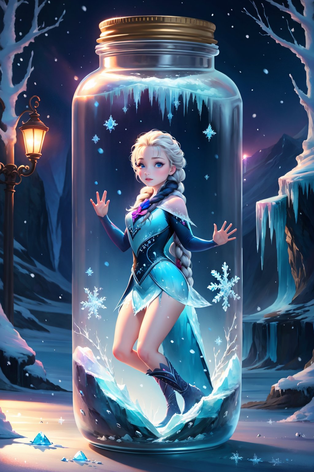 1 girl, frozen, blue theme, nature, realistic