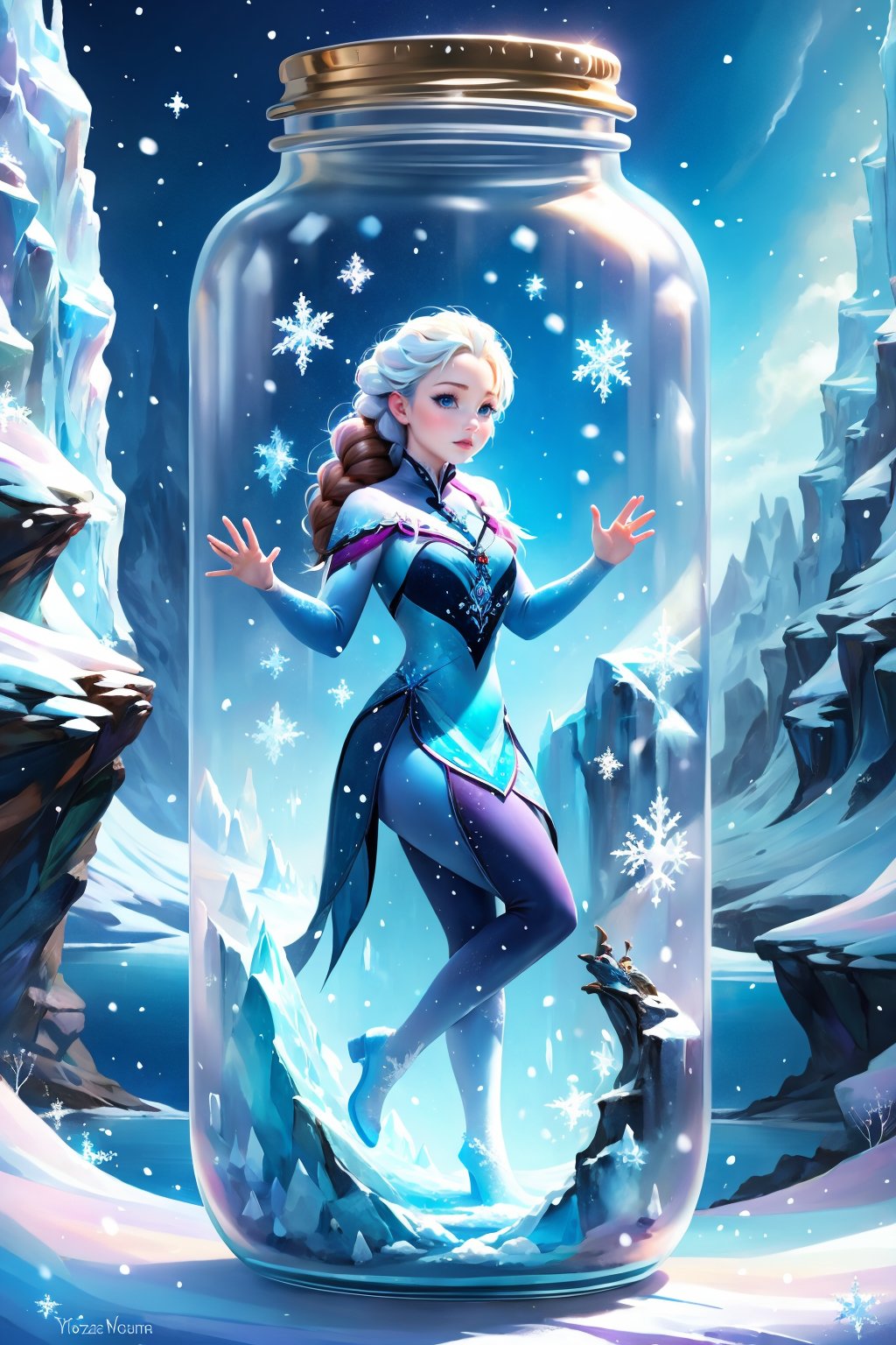 1 girl, frozen, blue theme, nature, realistic