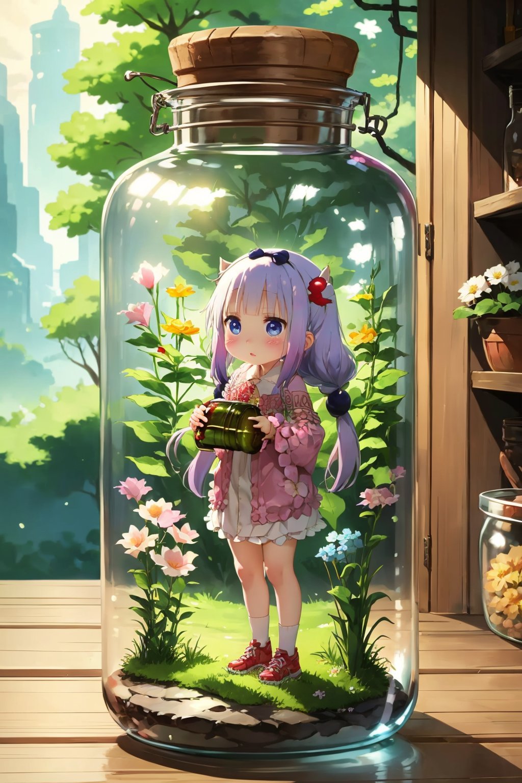 (a little girl), charming, bottle, in glass bottle, nature, flowers, best quality, high realistic, Kanna Kamui 