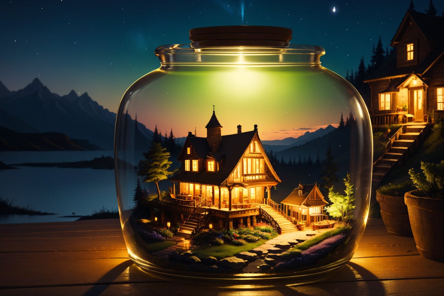 mini house, landscape, old fashion, nature, night light, nature background, a bottle, in the bottle, high detailed, masterpiece, best quality, (masterpiece,best quality:1.5)