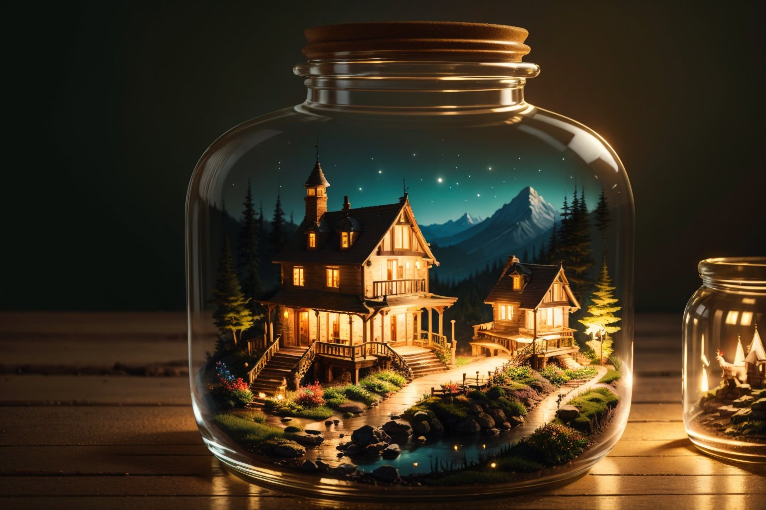 mini house, landscape, old fashion, nature, night light, nature background, a bottle, in the bottle, high detailed, masterpiece, best quality, (masterpiece,best quality:1.5)