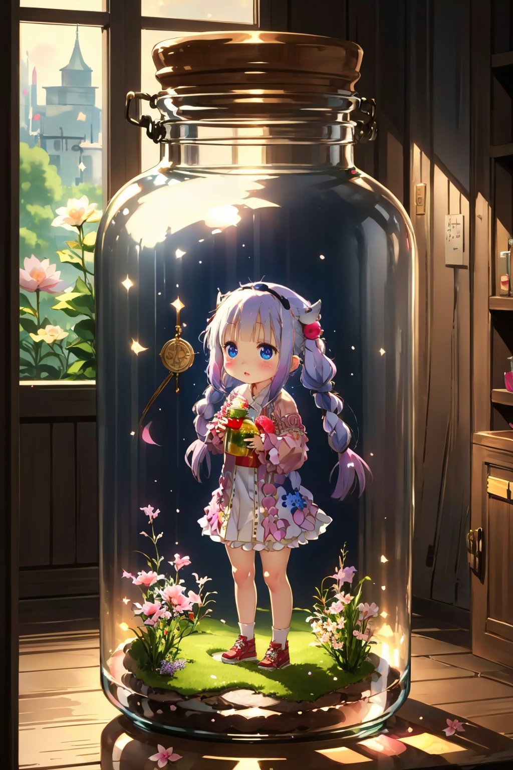 (a little girl), charming, bottle, in glass bottle, nature, flowers, masterpiece, best quality, high realistic, Kanna Kamui 