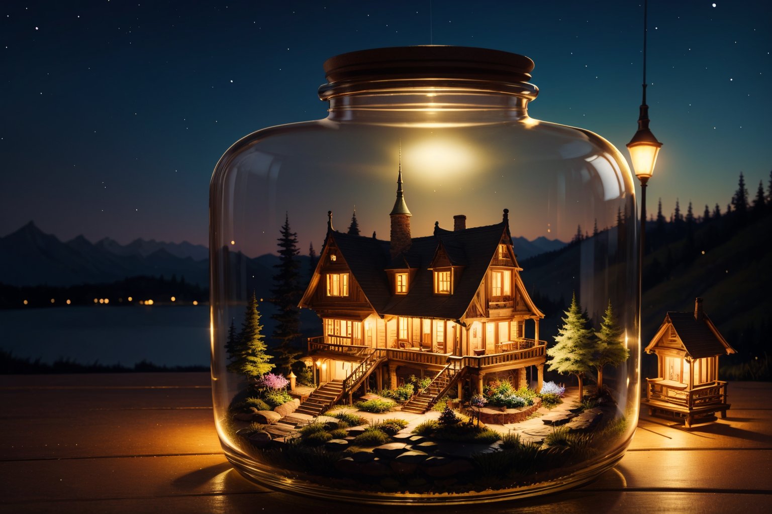 mini house, landscape, old fashion, nature, night light, nature background, a bottle, in the bottle, high detailed, masterpiece, best quality, (masterpiece,best quality:1.5)