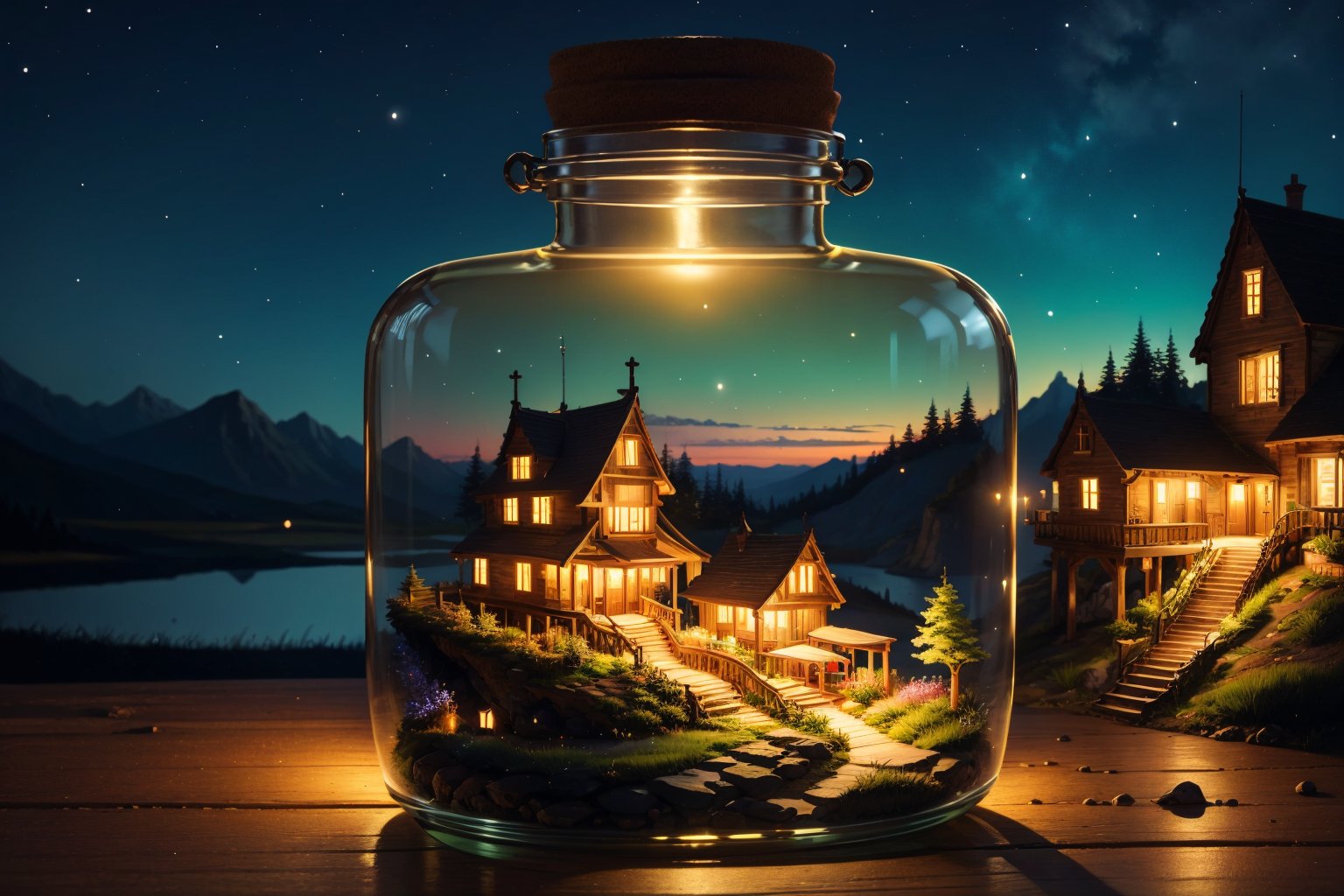 mini house, landscape, old fashion, nature, night light, nature background, a bottle, in the bottle, high detailed, masterpiece, best quality, (masterpiece,best quality:1.5)