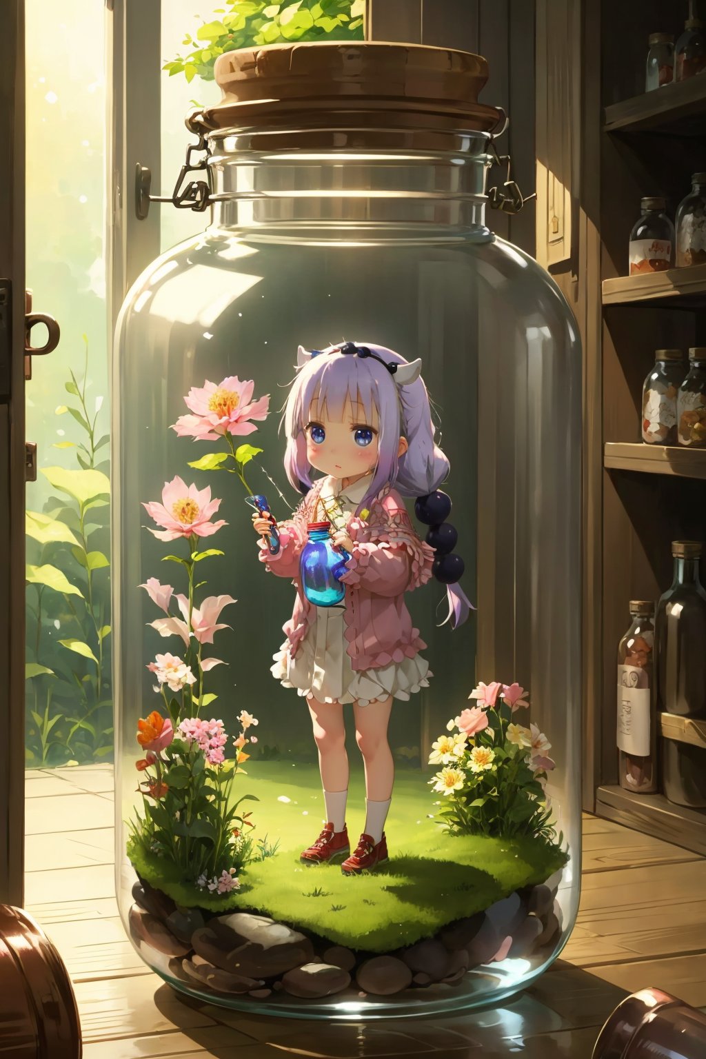 (a little girl), charming, bottle, in glass bottle, nature, flowers, best quality, high realistic, Kanna Kamui 