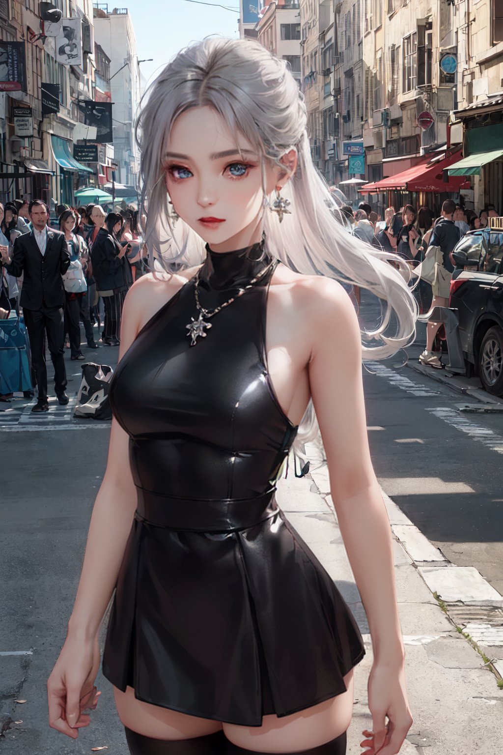 (1girl), (masterpiece:1.6, best quality), (finely detailed beautiful eyes: 1.2), (extremely detailed CG unity 8k wallpaper, masterpiece, ultra-detailed, best shadow), (detailed background), (beautiful detailed face, beautiful detailed eyes), High contrast, (best illumination, an extremely delicate and beautiful), (light and shadow:1.2), (colorful light), ((ray tracing ambient occulusion)), (post processing:1.3), (cgi art:1.3), (dress, skirt, thighhighs,necklace, earrings), (black hair, gray hair), gradient hair, two-tone hair, two color hair, (forehead:1.2), eyeliner, eyeshadow, (fuji film, 8k raw photo),shoot by nikkon, street, street city, crowded, (perfect eyes, beautiful eyes), (beautiful girl), peace, 