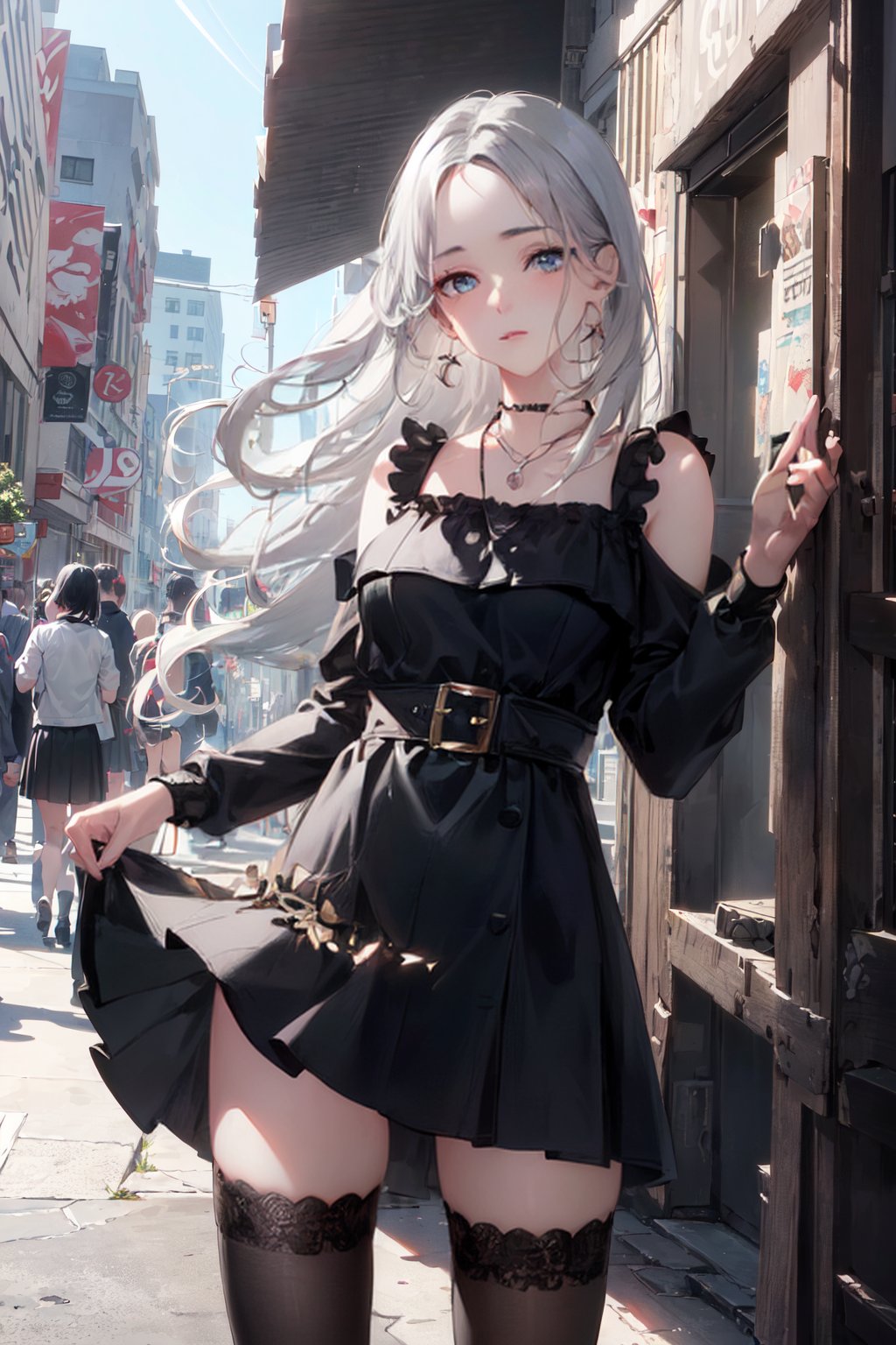 (1girl), (masterpiece:1.6, best quality), (finely detailed beautiful eyes: 1.2), (extremely detailed CG unity 8k wallpaper, masterpiece, ultra-detailed, best shadow), (detailed background), (beautiful detailed face, beautiful detailed eyes), High contrast, (best illumination, an extremely delicate and beautiful), (light and shadow:1.2), (colorful light), ((ray tracing ambient occulusion)), (post processing:1.3), (cgi art:1.3), (dress, skirt, thighhighs,necklace, earrings), (black hair, gray hair), gradient hair, two-tone hair, two color hair, (forehead:1.2), eyeliner, eyeshadow, (fuji film, 8k raw photo),shoot by nikkon, street, street city, crowded, (perfect eyes, beautiful eyes), (beautiful girl) 