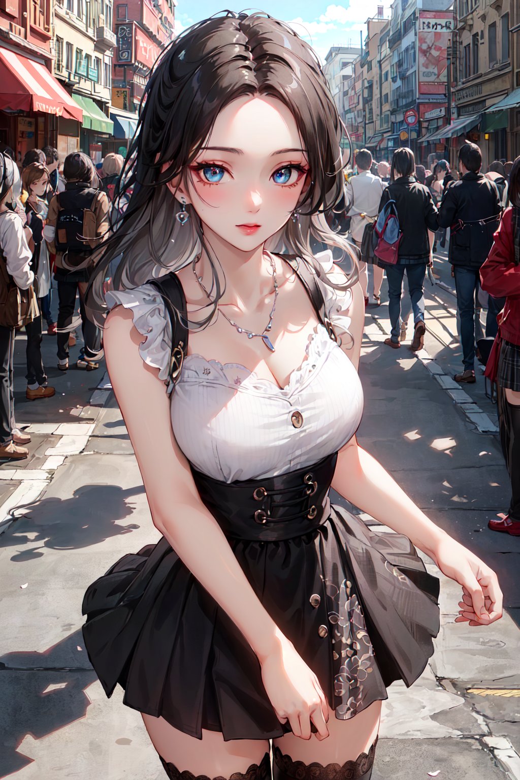 (1girl), (masterpiece:1.6, best quality), (finely detailed beautiful eyes: 1.2), (extremely detailed CG unity 8k wallpaper, masterpiece, ultra-detailed, best shadow), (detailed background), (beautiful detailed face, beautiful detailed eyes), High contrast, (best illumination, an extremely delicate and beautiful), (light and shadow:1.2), (colorful light), ((ray tracing ambient occulusion)), (post processing:1.3), (cgi art:1.3), (dress, skirt, thighhighs,necklace, earrings), (black hair, gray hair), gradient hair, two-tone hair, two color hair, (forehead:1.2), eyeliner, eyeshadow, (fuji film, 8k raw photo),shoot by nikkon, street, street city, crowded, (perfect eyes, beautiful eyes), (beautiful girl) 